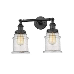 Canton 16.5 in. 2-Light Matte Black Vanity Light with Seedy Glass Shade