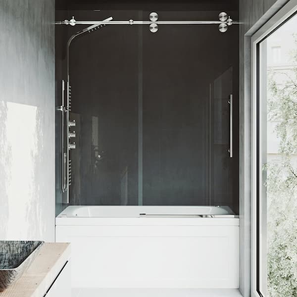 VIGO Elan 56 to 60 in. W x 66 in. H Sliding Frameless Tub Door in Stainless Steel with 3/8 in. (10mm) Clear Glass