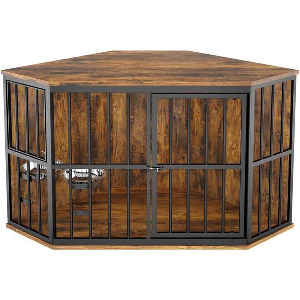 Dog Crate Furniture Corner Indoor Dog Kennel Pet House Dog Cage Storage Cabinet with 2 Stainless Bowls, Brown price history on PriceWatchPro