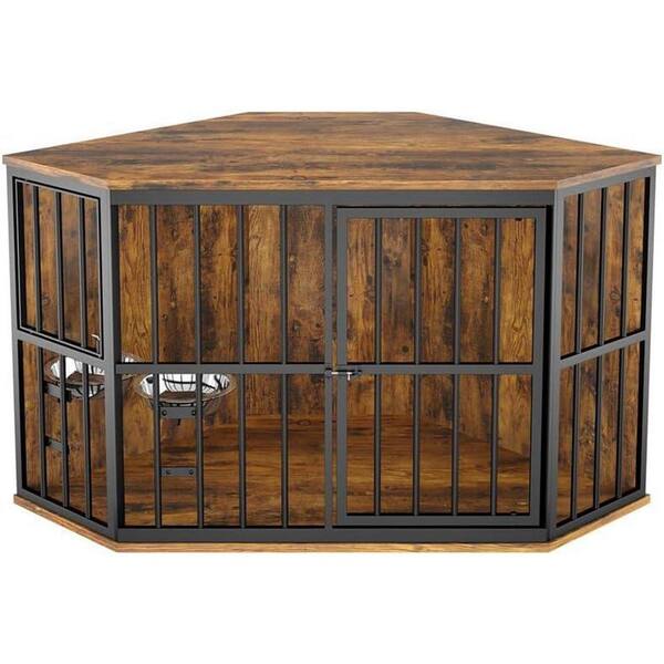 VEIKOUS Dog Crate Furniture Corner Indoor Dog Kennel Pet House Dog Cage Storage Cabinet with 2 Stainless Bowls, Brown