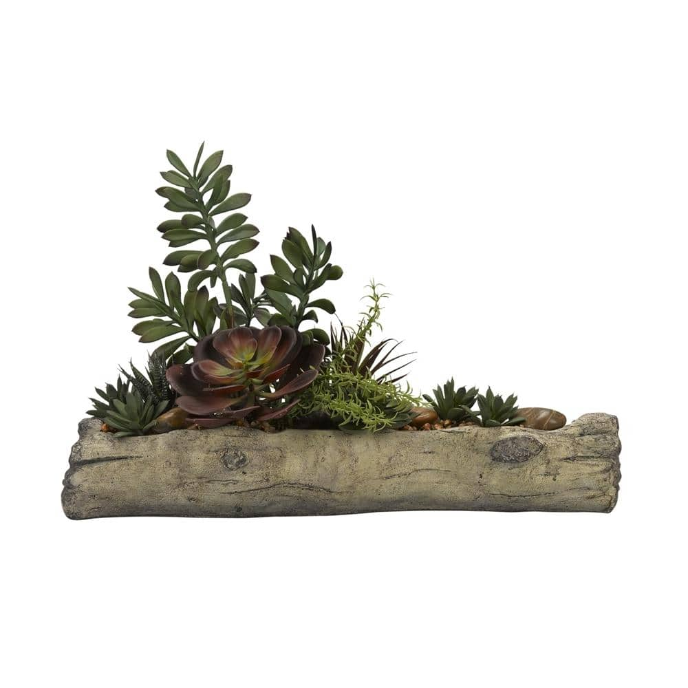 D&W Silks Indoor Assorted Succulents on Cement Log 179024 - The Home Depot