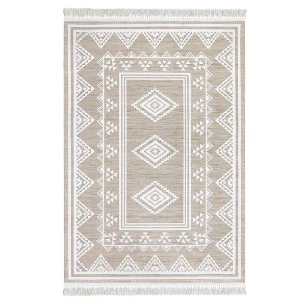 Tassel Printed Carpet Washable Area Rug Soft Non-Slip Bohemian Style Carpet for Bedroom Living Room Office Beige，4X6ft