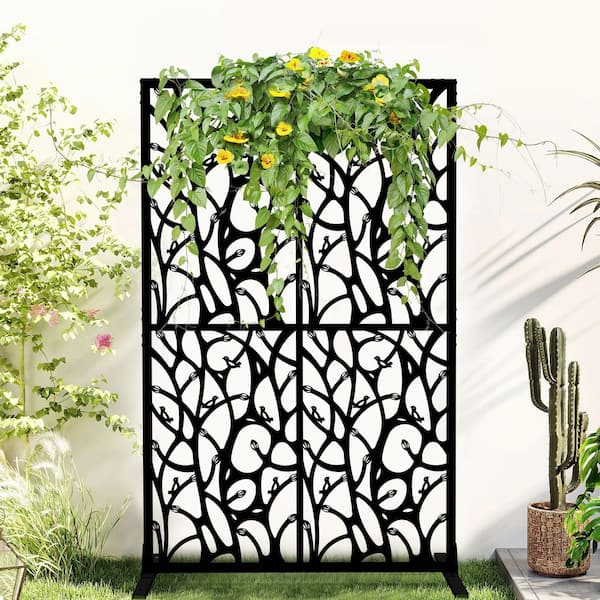 72 in. Black Iron Privacy Screen, Freestanding Bird Design for Patio Balcony Garden Room Divider Indoor Outdoor
