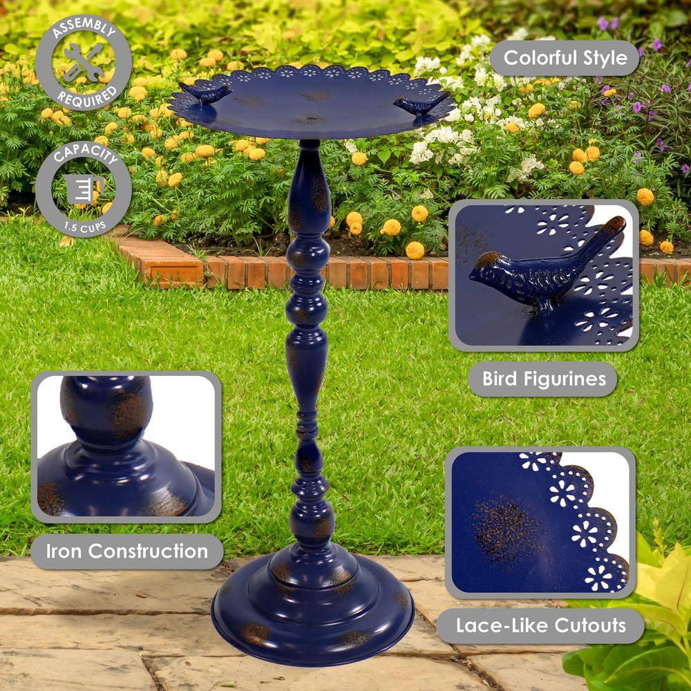 Vintage Blue Iron Pedestal Bird Feeder with Scalloped Edges