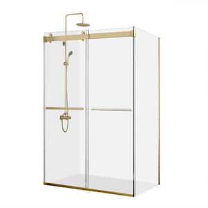 60 in. W x 76 in. H Rectangle Double Sliding SemiFrameless Corner Shower Enclosure in Brushed Gold with Clear Glass