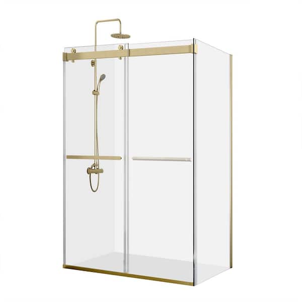 ROSWELL 60 in. W x 76 in. H Rectangle Double Sliding SemiFrameless Corner Shower Enclosure in Brushed Gold with Clear Glass