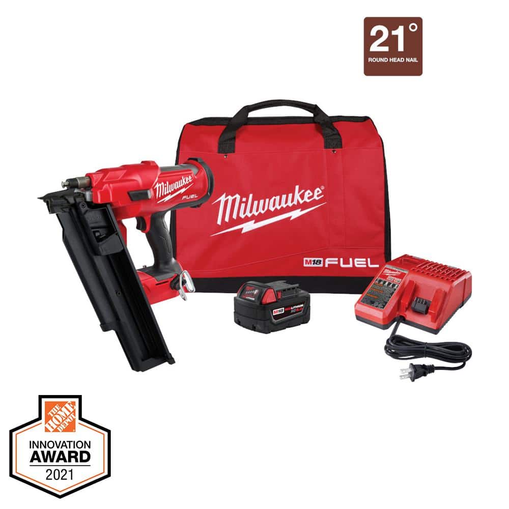 Milwaukee M18 FUEL 3-1/2 in. 18-Volt 21 Deg. Lithium-Ion Brushless Cordless Framing Nailer Kit with 5.0 Ah Battery, Charger, Bag -  2744-21