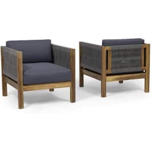 2-Piece Teak Acacia Wood Outdoor Lounge Chairs with Gray Cushions
