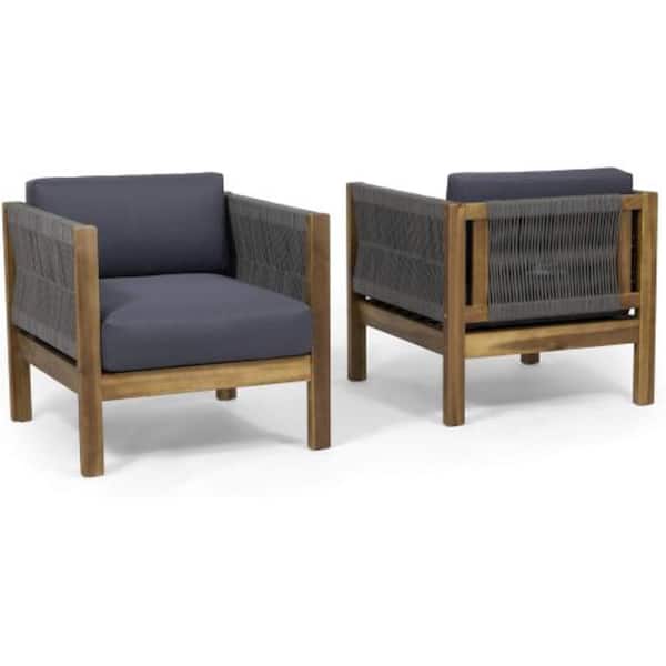 Unbranded 2-Piece Teak Acacia Wood Outdoor Lounge Chairs with Gray Cushions
