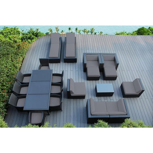 Ohana Depot Black 20-Piece Wicker Patio Combo Conversation Set with Supercrylic Gray Cushions
