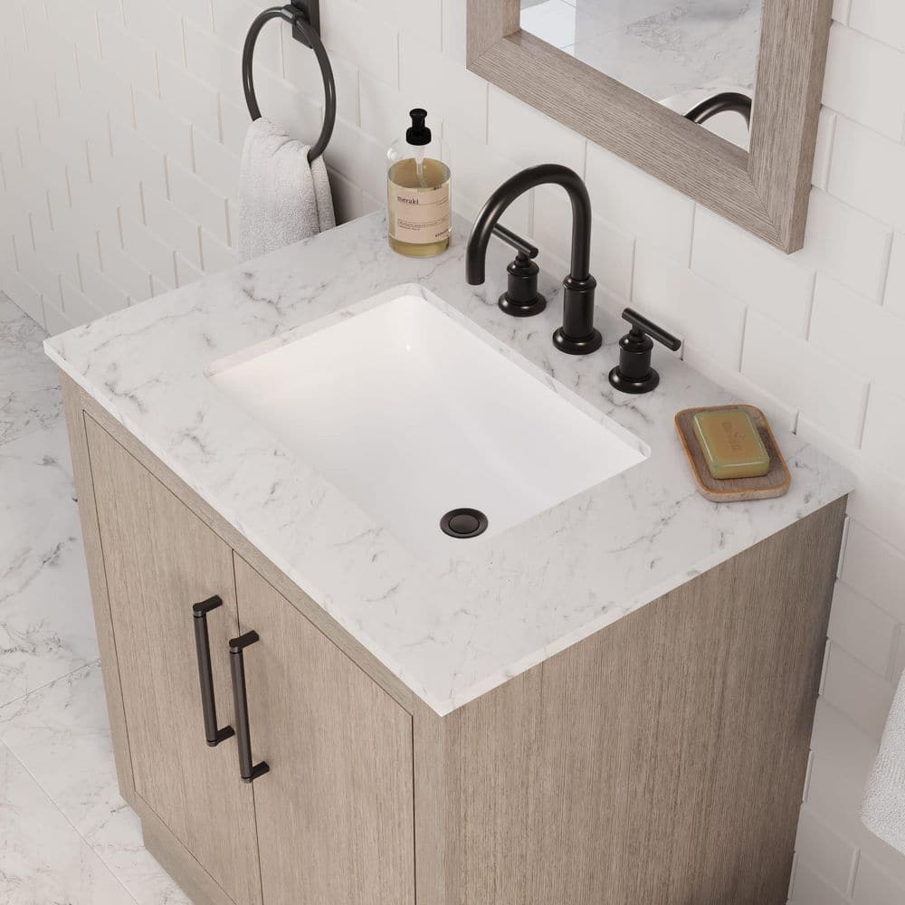 Rustic Grey Oak 30'' Freestanding Vanity with White Marble Top