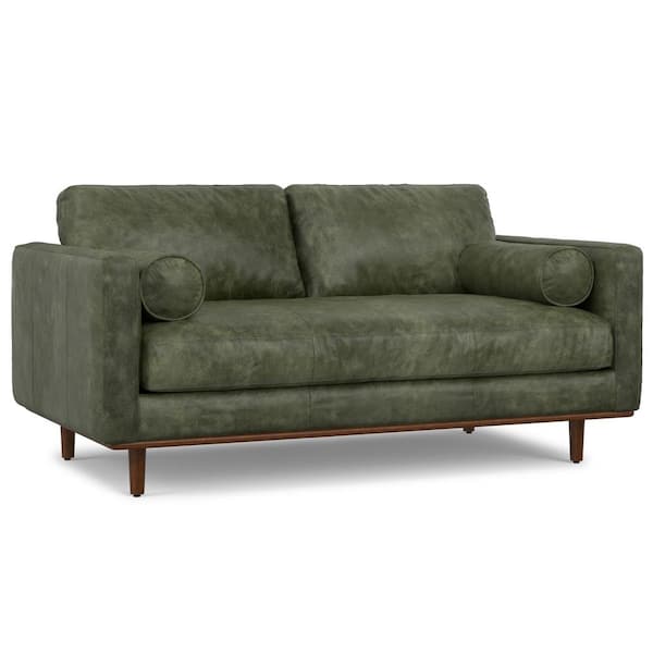 Morrison 72 in. Straight Arm Genuine Leather Rectangle Mid-Century Modern Sofa in. Moss Green