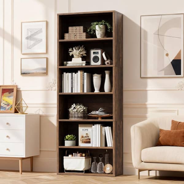70.8 in. Tall Brown Wood 6-Shelf Standard Bookcase, Floor Standing Bookshelf for Home Office Library