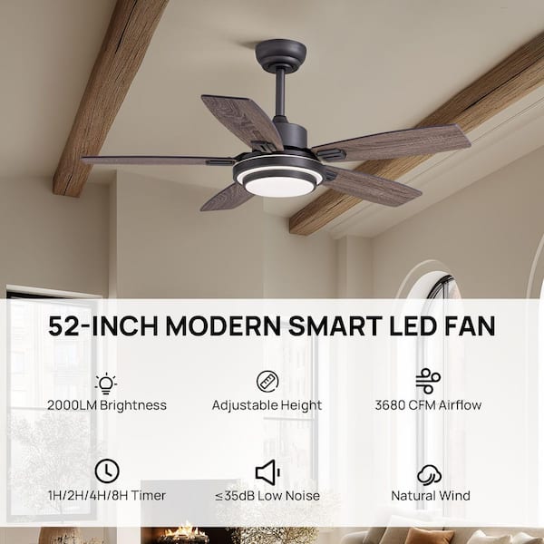 52 in. Indoor Grey Downrod Mount Ceiling Fan with Integrated LED with Remote Control Included