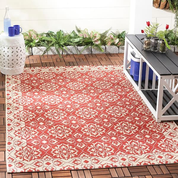 Courtyard Red/Cream 9 ft. x 12 ft. Border Indoor/Outdoor Patio  Area Rug
