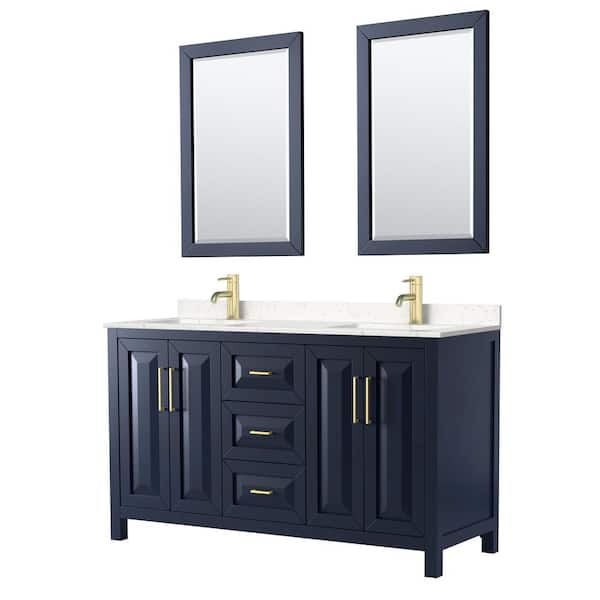 Wyndham Collection Daria 60 in.W x 22 in.D Double Vanity in Dark Blue w/ Cultured Marble Vanity Top in Light-Vein Carrara w/ Basins&Mirrors