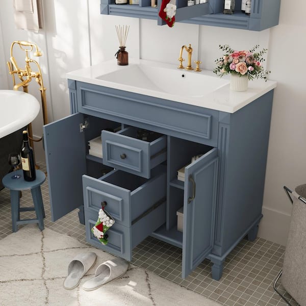 FAMYYT 36 in. Freestanding Solid Wood Blue Bath Vanity with