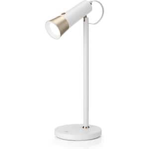 14.7 in. White and Satin Gold Dimmable LED Desk Light Study Lamp w/Adjustable, Rechargeable and Detachable Head Fixture