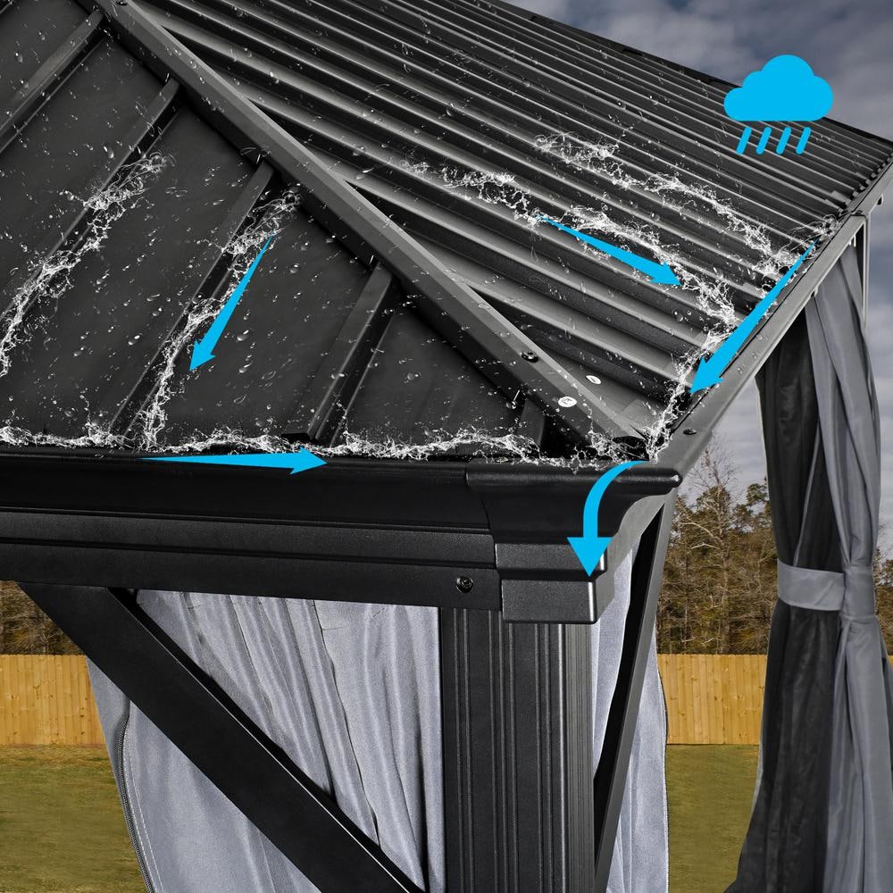 12 ft x 16 ft Black Aluminum Patio Gazebo with Gray Curtains