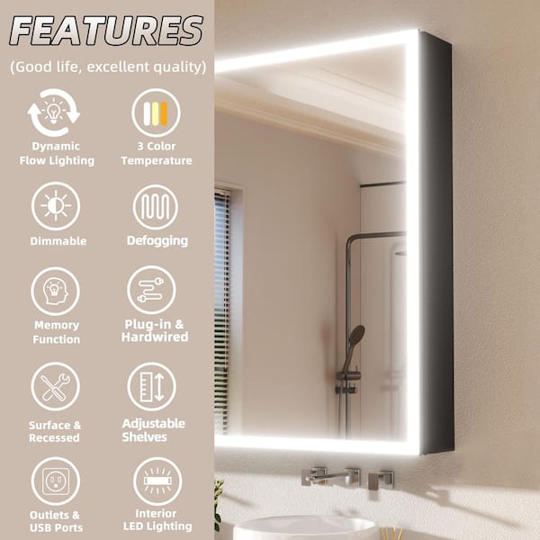 60 in. W x 36 in. H Rectangular Aluminum 3-Color Dynamic Flow Lighting Surface/Recessed Medicine Cabinet with Mirror