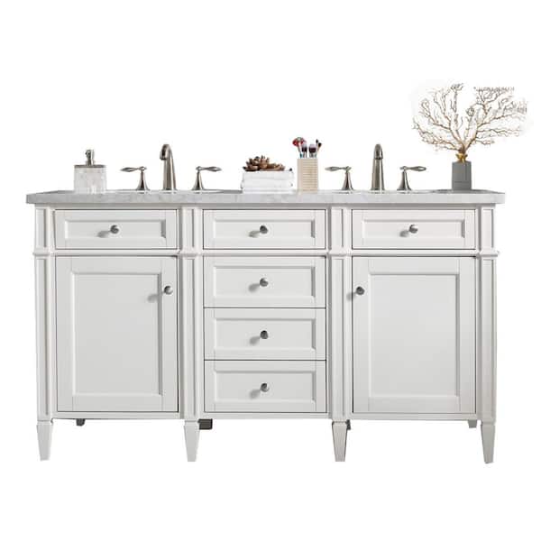James Martin Vanities Brittany 60 in. W x 23.5 in.D x 34 in. H Double Vanity in Bright White with Solid Surface Top in Arctic Fall