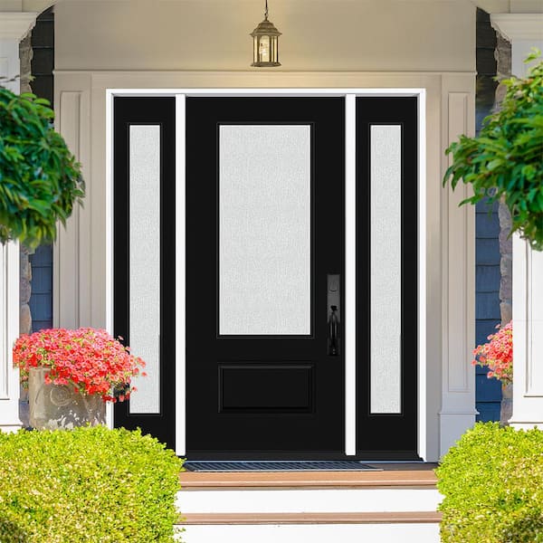 Legacy 68 in. W. x 80 in. 3/4 Lite Rain Glass RHOS Primed Black Finish Fiberglass Prehung Front Door with Db. 14 in. SL