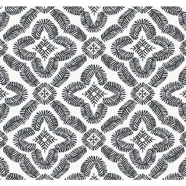 Seabrook Designs Black and White Talia Botanical Medallion Paper Unpasted Wallpaper Roll 60.75 sq. ft.