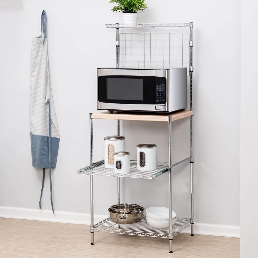 Adjustable Gray Steel Kitchen Rack with Wire Grid Shelves