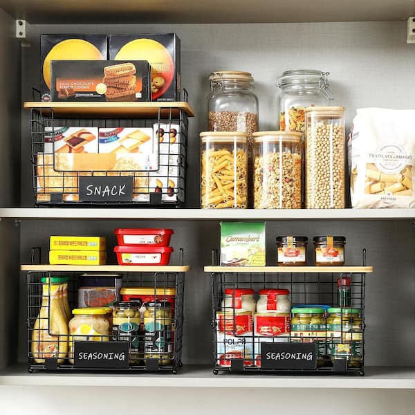 2-Piece Stackable Wire Baskets with Bamboo Tops, Pantry Organizer and Storage Bins, Kitchen Counter Cabinet Shelf