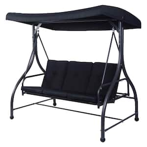 3-Person Metal Outdoor Patio Swing Canopy Hammock with Black Cushions