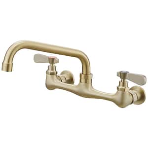 Double Handles Wall Mount Modern Standard Kitchen Faucet With 8 Inch Swivel Spout 8" Center in Brushed Gold
