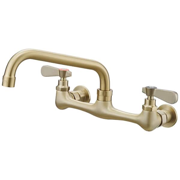 BWE Double Handles Wall Mount Modern Standard Kitchen Faucet With 8 Inch Swivel Spout 8" Center in Brushed Gold