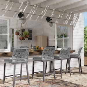 Aluminum Rope-Woven Outdoor Bar Stools with Gray Cushions (Set of 4)