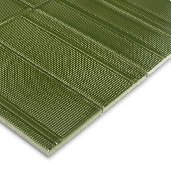 3D Brushed Texture Green 12 in. x 12.48 in. Glazed Recycled Glass Handmade Wall Mosaic Tile (5.2 sq. ft. /Case)