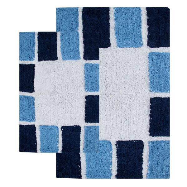 Chesapeake Merchandising 20 in. x 32 in. and 23 in. x 39 in. 2-Piece Mosaic Tiles Bath Rug Set in Navy and Milk