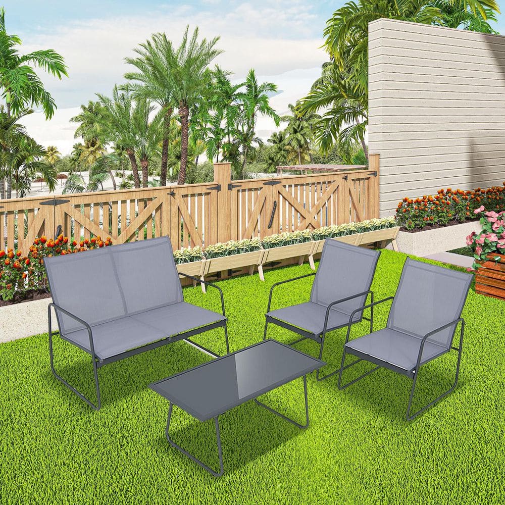 4-Piece Metal Patio Conversation Seating Set with Tempered Glass Coffee Table in Gray price history on PriceWatchPro