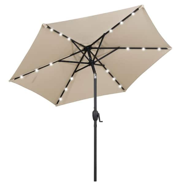 7.5 ft. Solar Powered Market Patio Umbrella with LED Lights Push Button Tilt Crank Handle in Beige