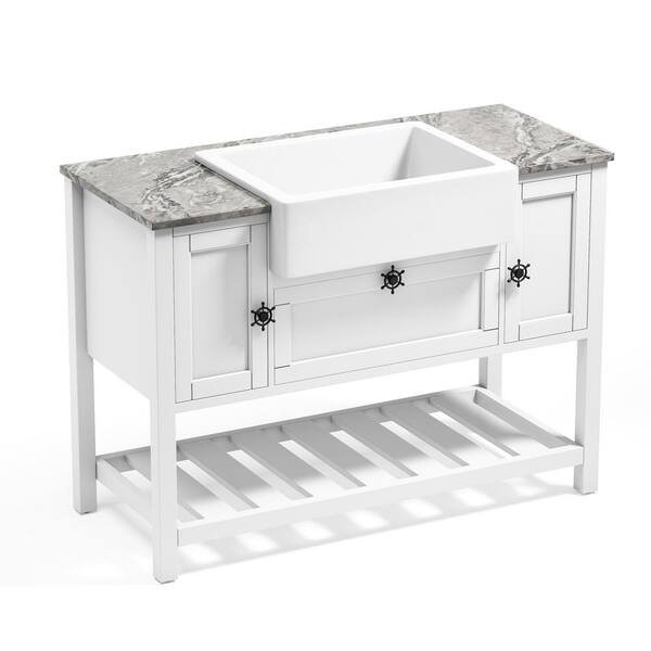 JimsMaison 48 in. W x 22 in. D x 35 in. H Freestanding Bath Vanity in White with Gray Wood Top with White Fireclay Basin