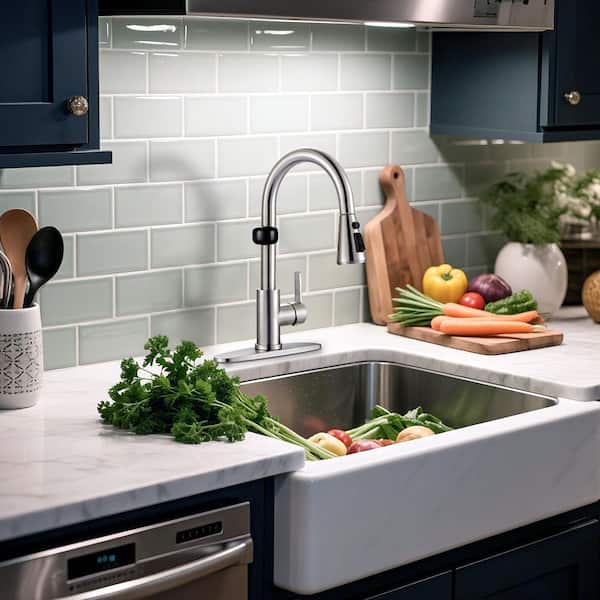 15.3 in. Sensor Single Handle Pull-Down 360° Rotation Spray Kitchen Faucet in Brushed Nickel