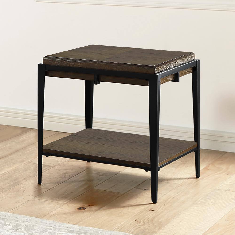 Espresso Ash Veneer and Iron Frame End Table with Shelf