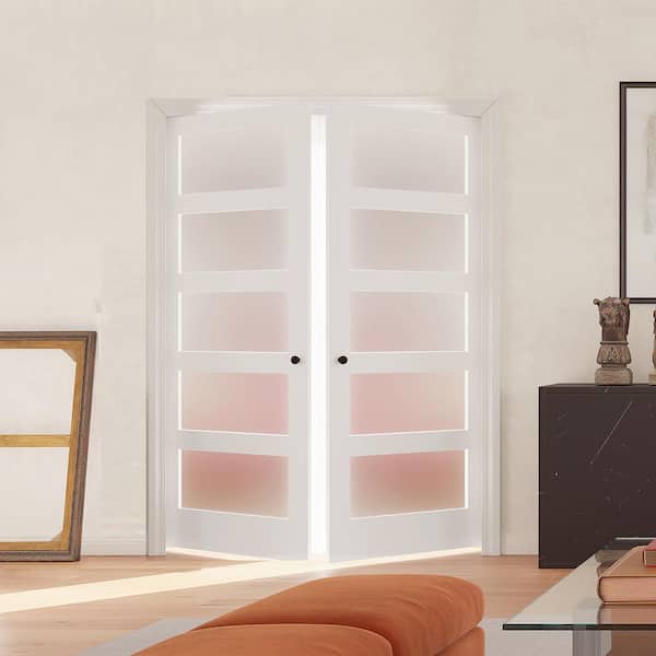 60 in. x 80 in. (Double 30 in. Doors) MDF, Finished, White, 5 Panel, Frosted Glass, Pantry Door Panels Slab Sliding Door