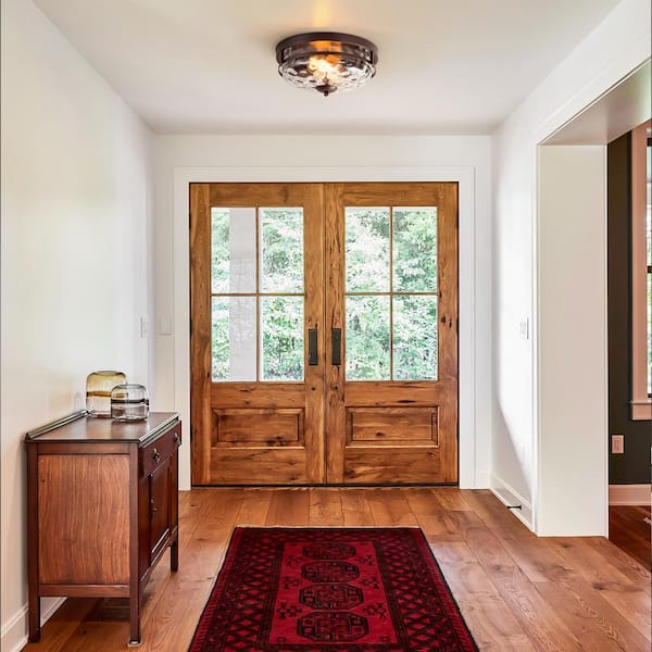 Huson 12.9 in. 2-Light Oil Rubbed Bronze Industrial Farmhouse Flush Mount with Clear Bubble Water Rippled Glass Shade