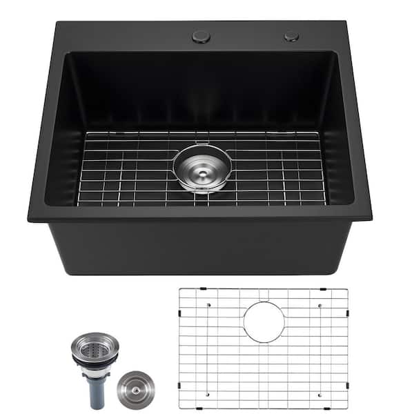 25 in. Kitchen Sink Workstation, Top Mount Granite Sinks, Drop-In Quartz Single Bowl Farmhouse Basin with Accessories