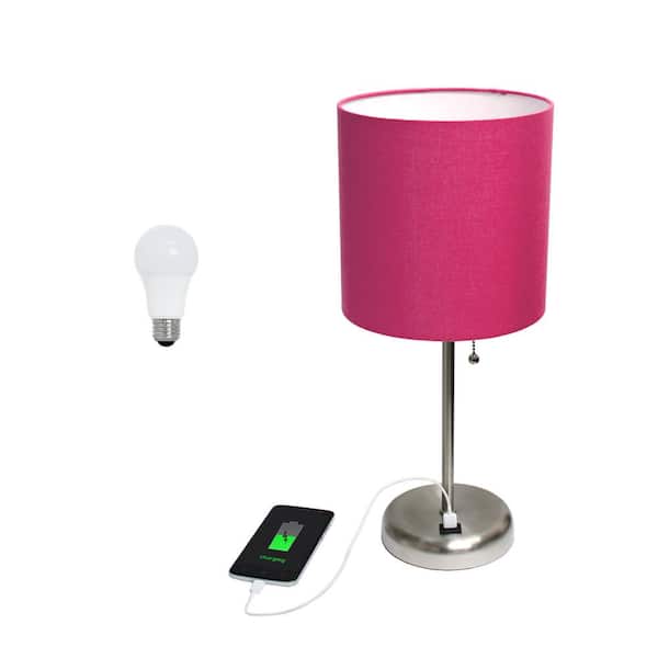 Creekwood home 19.5 in. Contemporary Bedside USB Port Base Standard Metal Table Desk Lamp in Brushed Steel, Pink Shade, with LED Bulb