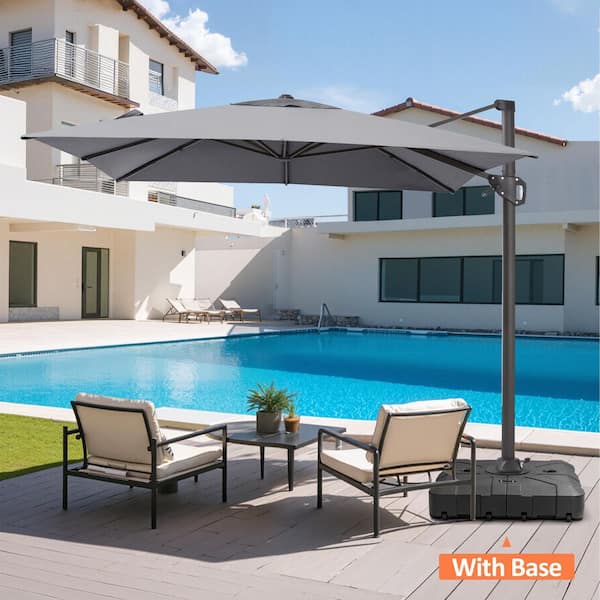 Pellebant 9 ft. x 11.5 ft. Aluminum Cantilever Offset Rotational Adjustable Tilt Patio Umbrella in Gray with Stand Fillable Base