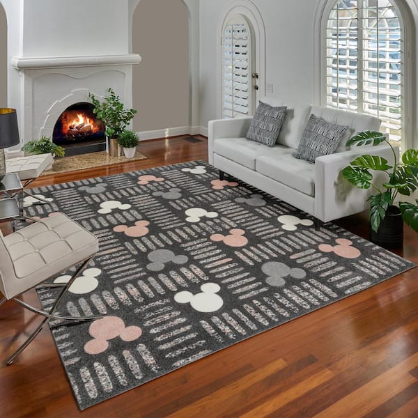Mickey Dark Gray/Pink 8 ft. x 10 ft. Mouse Bravo Strokes Geometric Indoor Area Rug
