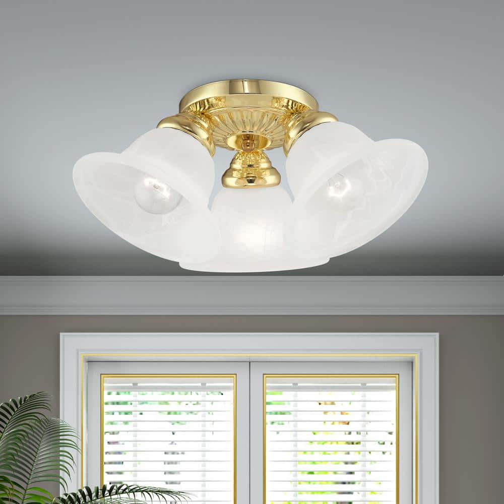 Polished Brass 3-Light Flush Mount with White Alabaster Glass