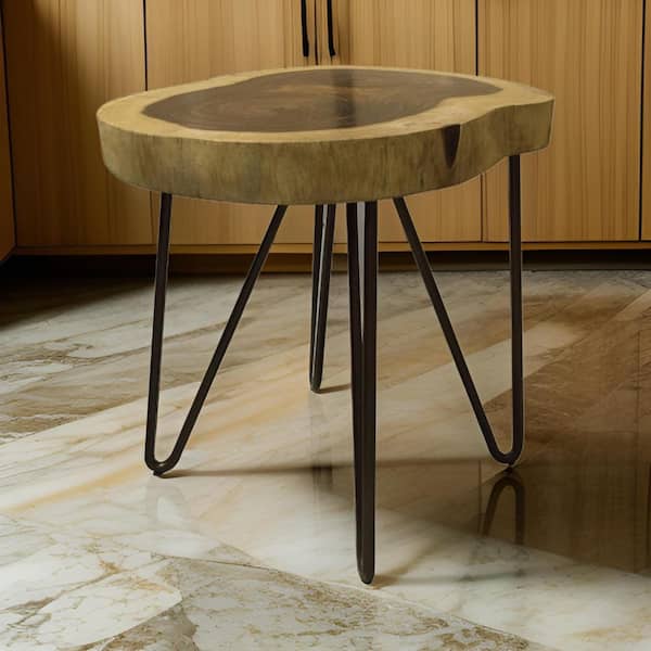 Benjara 40 in. Brown and Black Other Wood End Table with Metal Legs and Live Edge