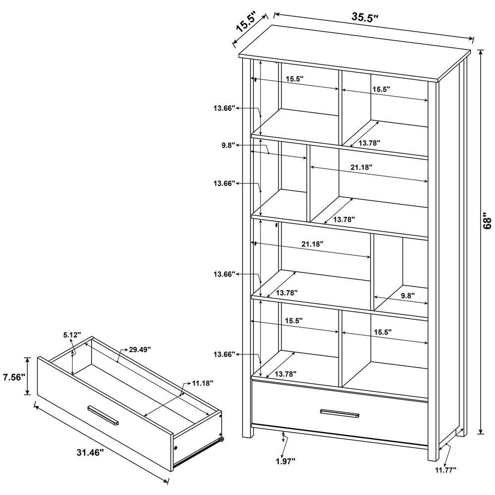 Weathered Gray 8-Shelf Bookcase with Storage Drawer