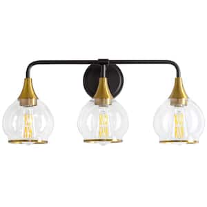 22.4 in. 3-Light Black and Gold Bathroom Vanity Light with Clear Globe Glass Shades